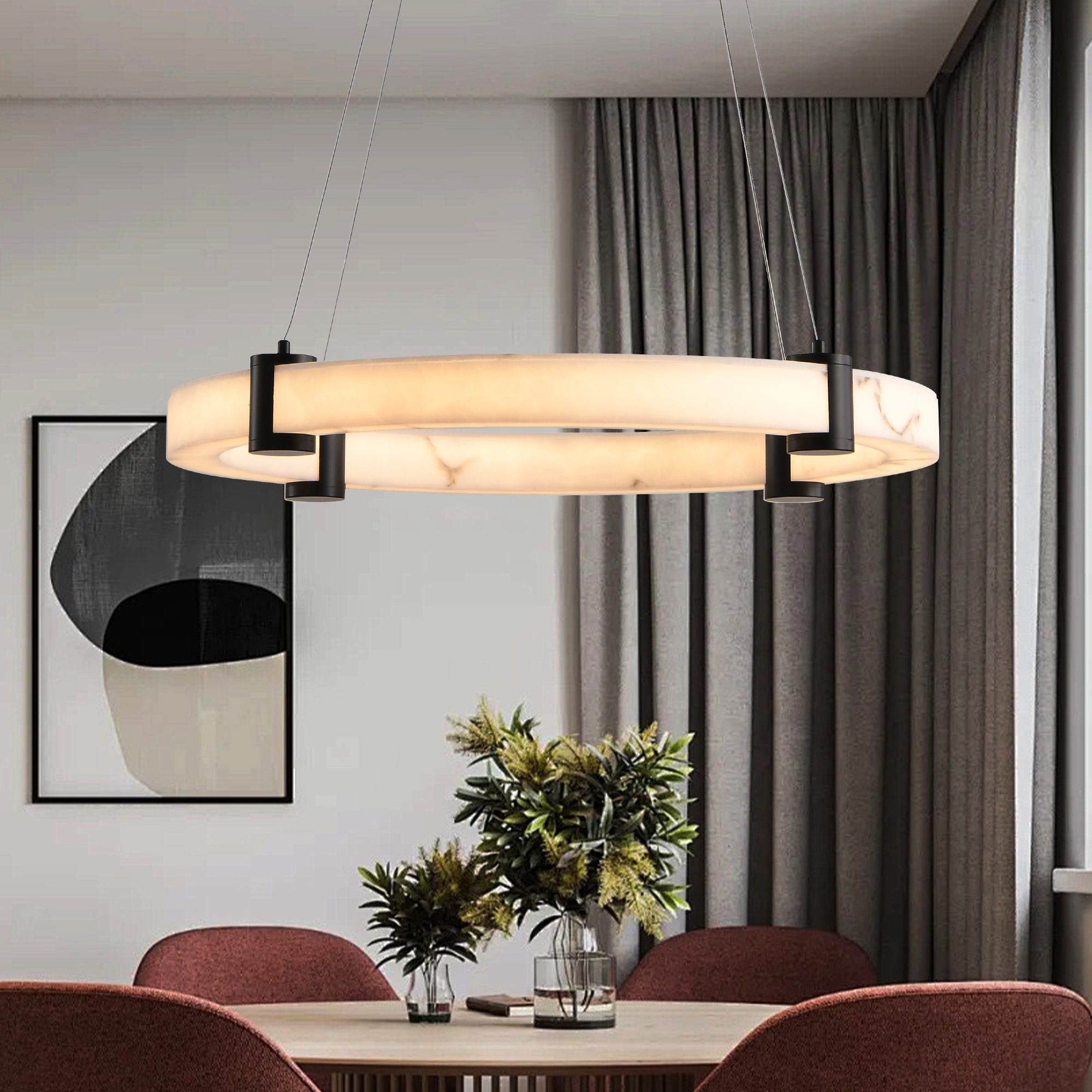 Modern LED Pendant Light, 24-Inch Round Hanging Chandelier With Adjustable Height, Marble Finish Resin Ring Ceiling Light For Dining Room, Kitchen Island, Living Room