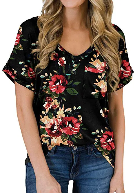 Women's V Neck Pocket Tee Roll Black Safflower - Shop at LoveMi