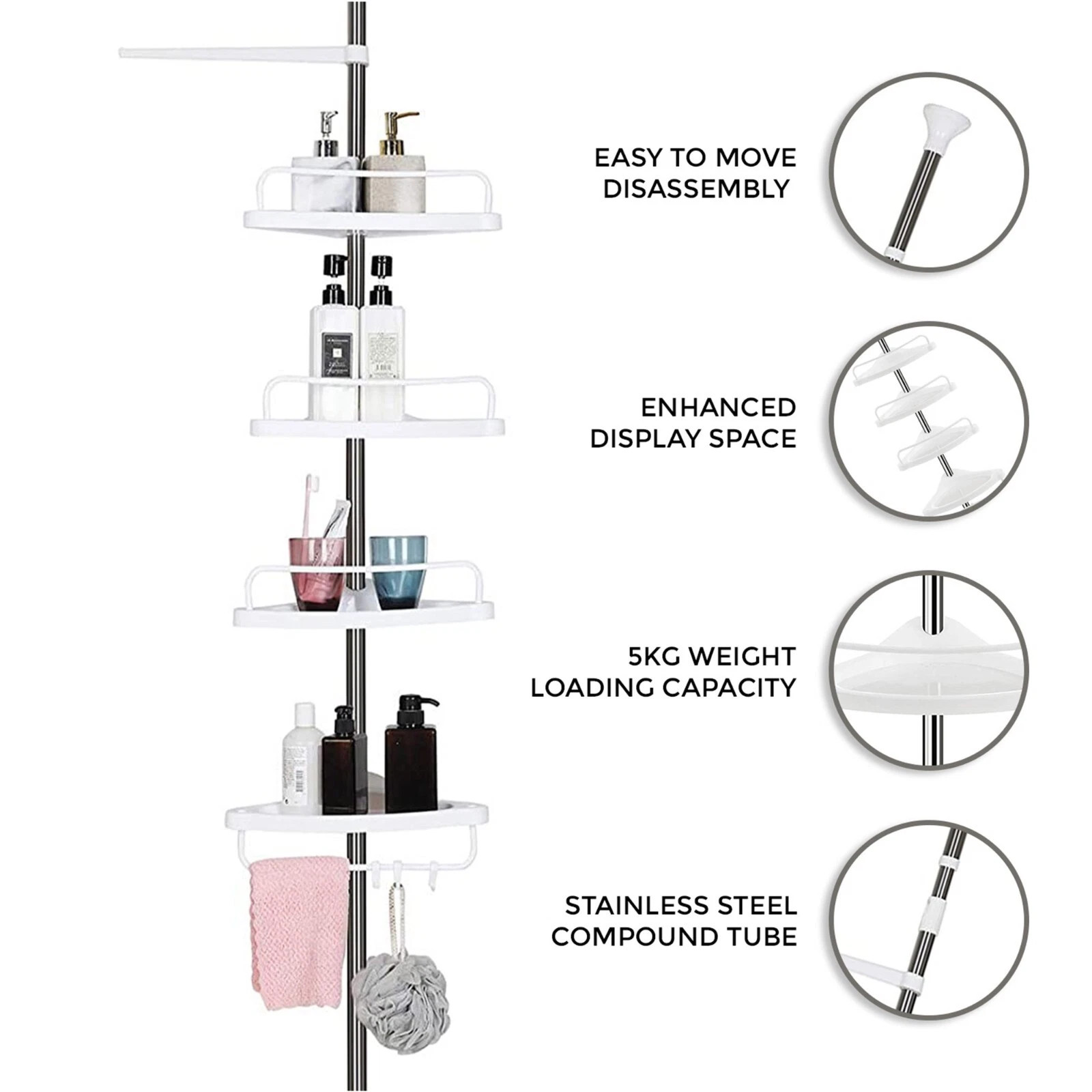 Rookie - White 4-storey Retractable Bathroom Corner Shelf - UK
