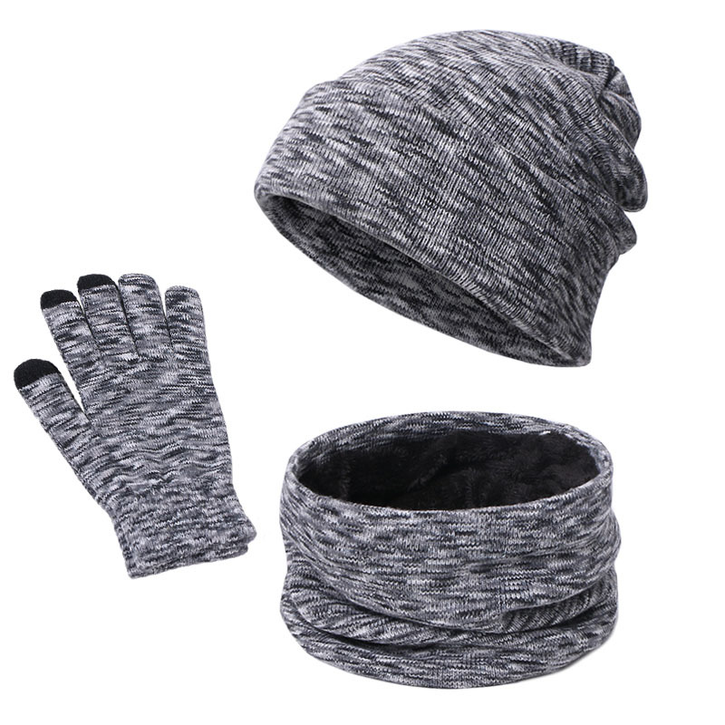 Knitted Three-piece Hat Scarf Touch Screen Gloves Plus Velvet Outdoor Solid Color — foto 5