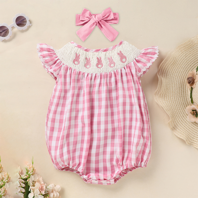 Baby Girl's Cute Bunny Romper Set, Cap Sleeve Bunny Embroidery Outfit With Headband - Pink Checkered Playsuit