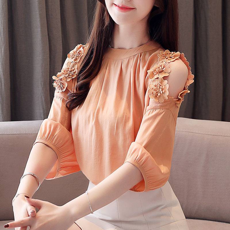 Title 4, Sleeved Blouse Off-shouldered Chiffon Blouse In...