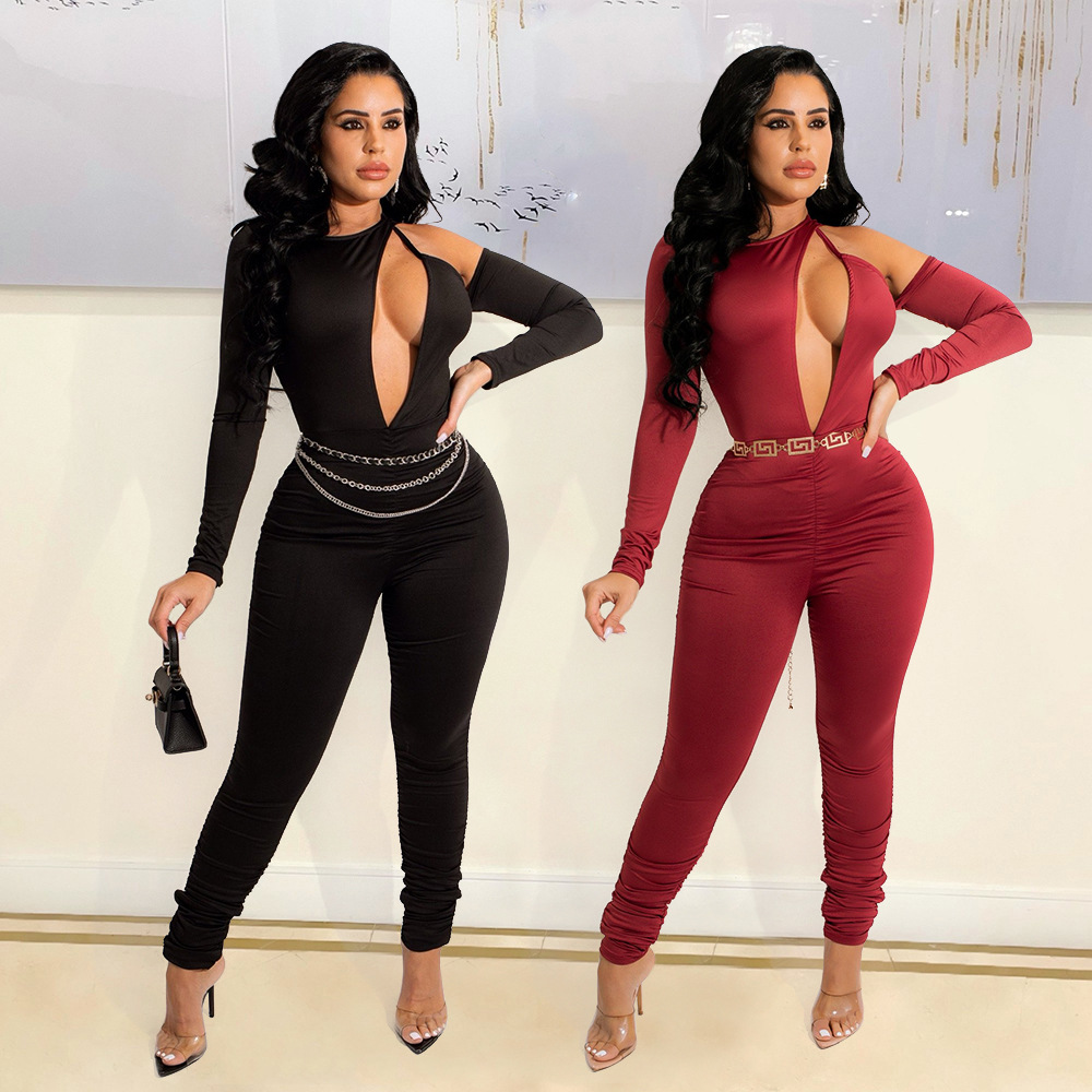 Fashion Solid Color Pleated Long-Sleeved Hollow Irregular Jumpsuit