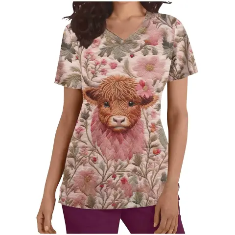 Heart Print Nursing Uniform Women's Spring Short Sleeve V-Neck