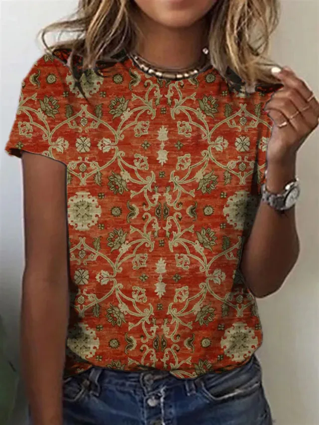 Round Neck Digital Print Short Sleeve Loose Women's T Shirt 2 Style 3Xl - Shop at LoveMi
