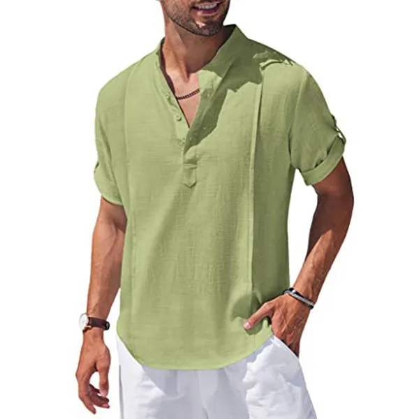 Henley Style Linen Shirt Men Casual Beach Short Sleeve