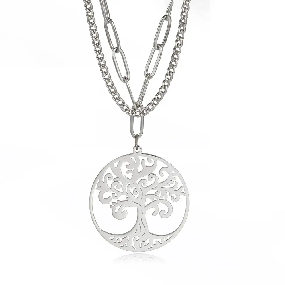 Exquisite Refined Grace Hollow Round Medium Roll Tree Pendant Stainless Steel Titanium Steel