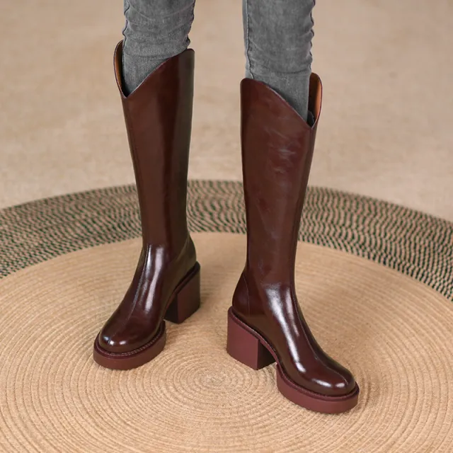 Cowhide Thick soled Round toe Thick heeled Platform High heel Zipper Rider Boots Long Boots Wine - Shop at LoveMi