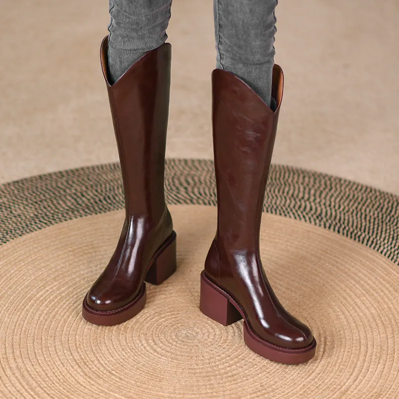 Cowhide Thick-soled Round-toe Thick-heeled Platform High-heel Zipper Rider Boots Long Boots - Wine
