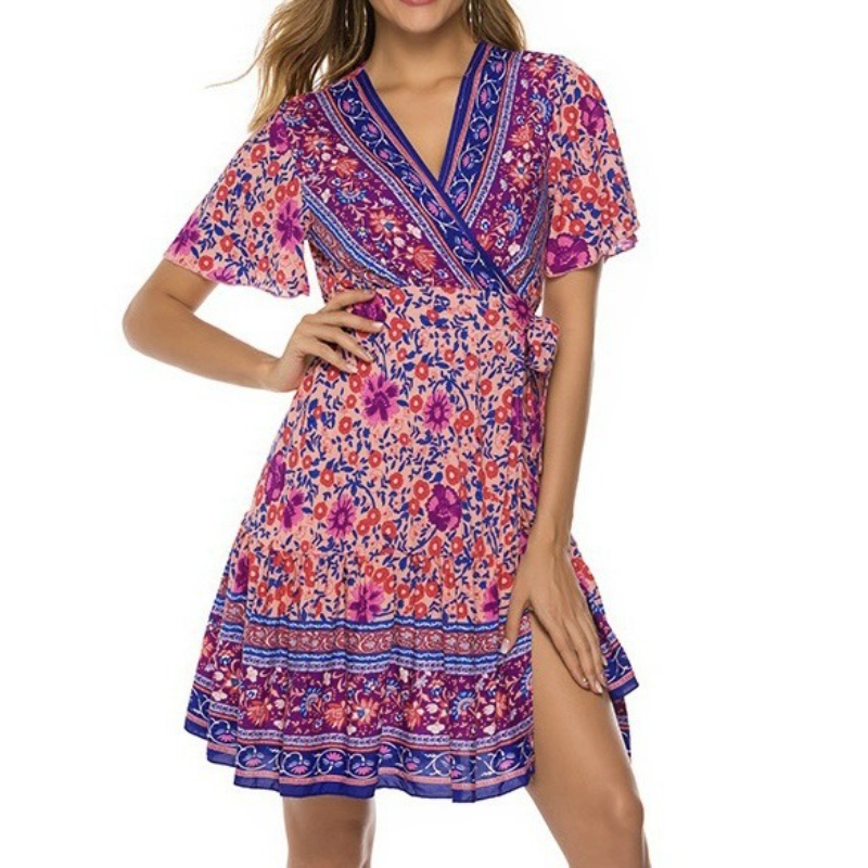 Women's Bohemian Beach Vacation Style Short sleeved Deep V Swing Pleated Print Dress Rose Red - Shop at LoveMi