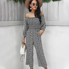 Wide Leg Pants Print Jumpsuit One Shoulder Top - Black - View 1