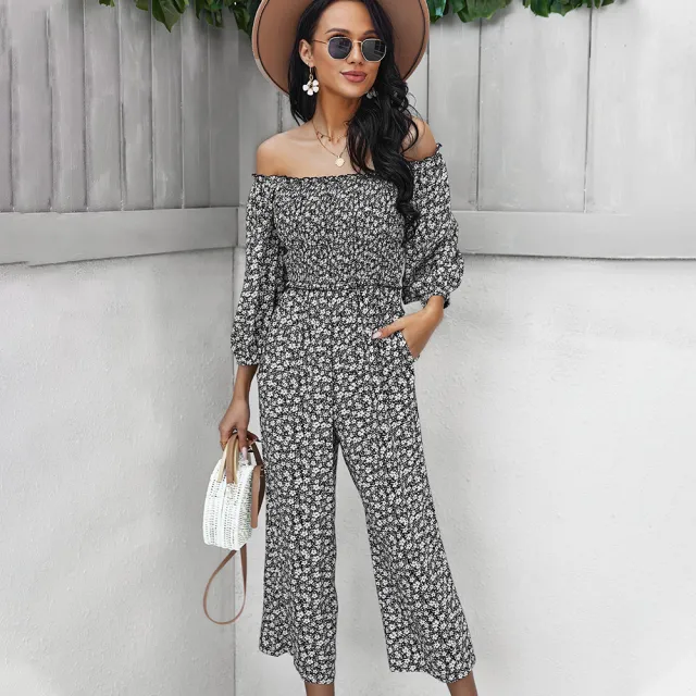 Wide Leg Pants Print Jumpsuit One Shoulder Top Black - Shop at LoveMi