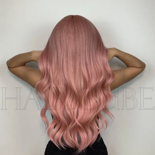 Qi Bangs Big Wave Long Curly Wig Pink - Shop at LoveMi
