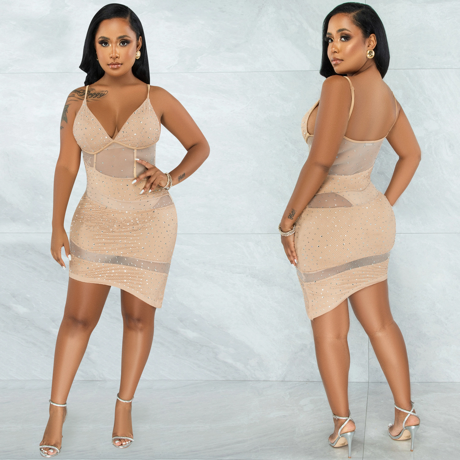 Perspective Nightclub Hot Diamond Sling Irregular Dress Apricot - Shop at LoveMi