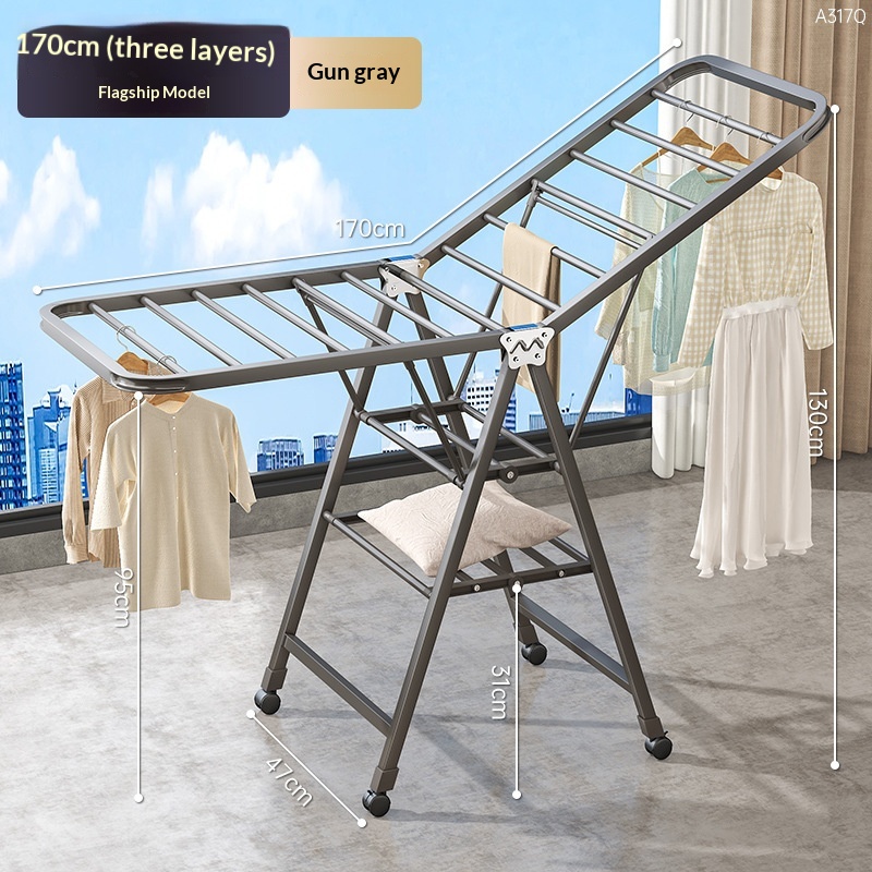1.7-meter Gun Gray - Three-layer Air DryingFolding Clothes Rack Balcony Household Movable Indoor Clothes Rack Multifunctional Blanket Drying Tool Floor Drying Rack 5