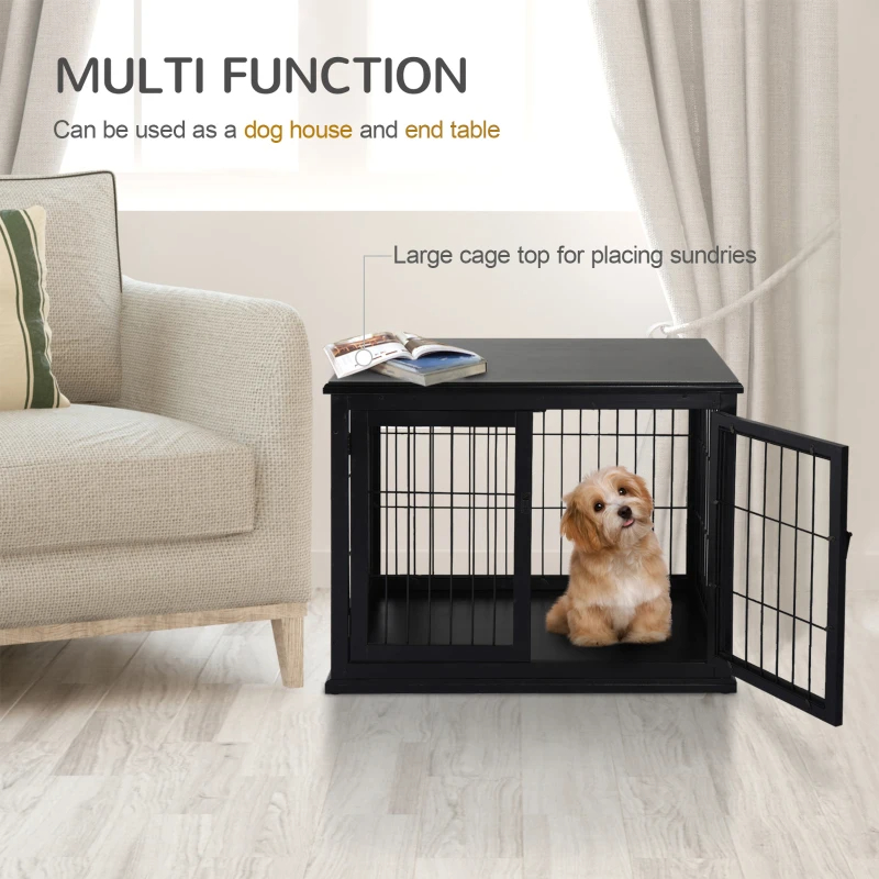 Crate Furniture, 32Small Dog Cage End Table With 2 Doors, Lockable Door, Puppy Kennel Indoor, Black