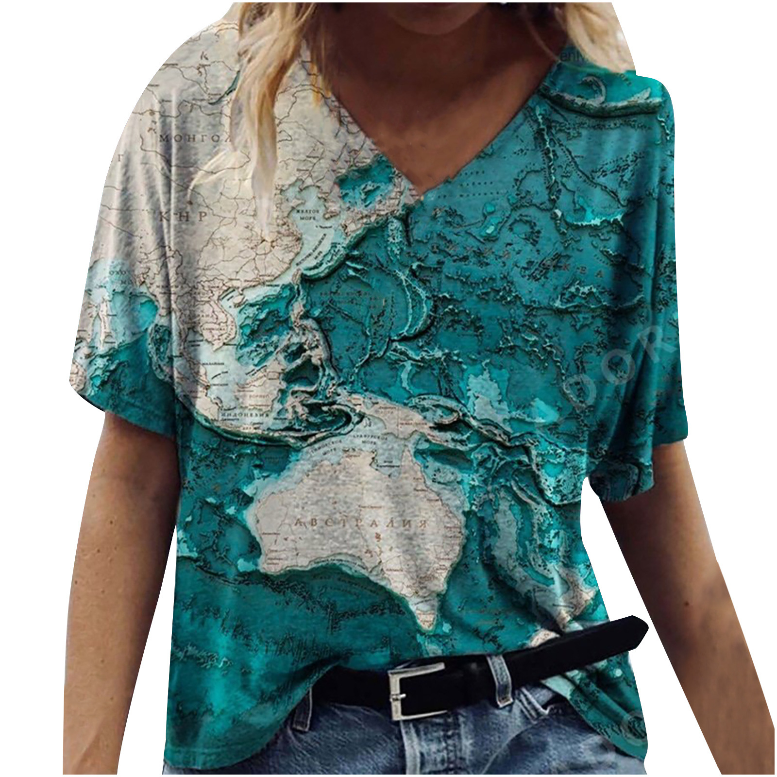 Title 5, New Female Map Print V-Neck Short-Sleeved T-Shirt