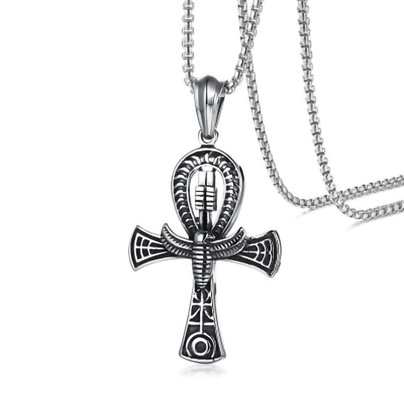 Titanium Steel Men's Necklace Egyptian Life Cross Pendant