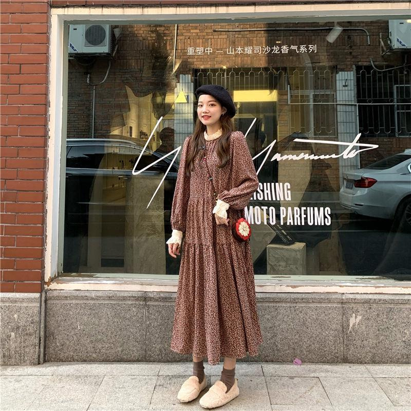 Fragmented Flower Dress Long Sleeve Spring Autumn Winter Reddish Brown - Shop at LoveMi