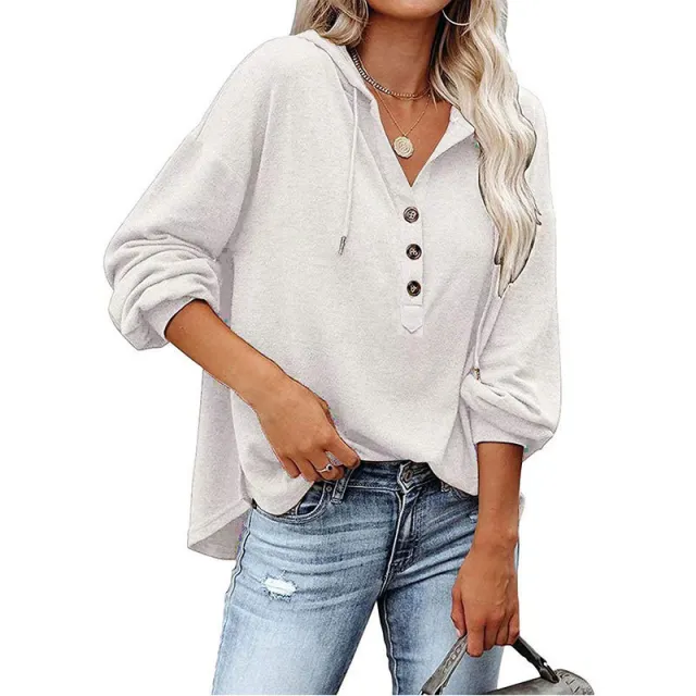 Hoodie Sweater Button Loose Solid Color Long Sleeve Casual Sports Top White - Shop at LoveMi