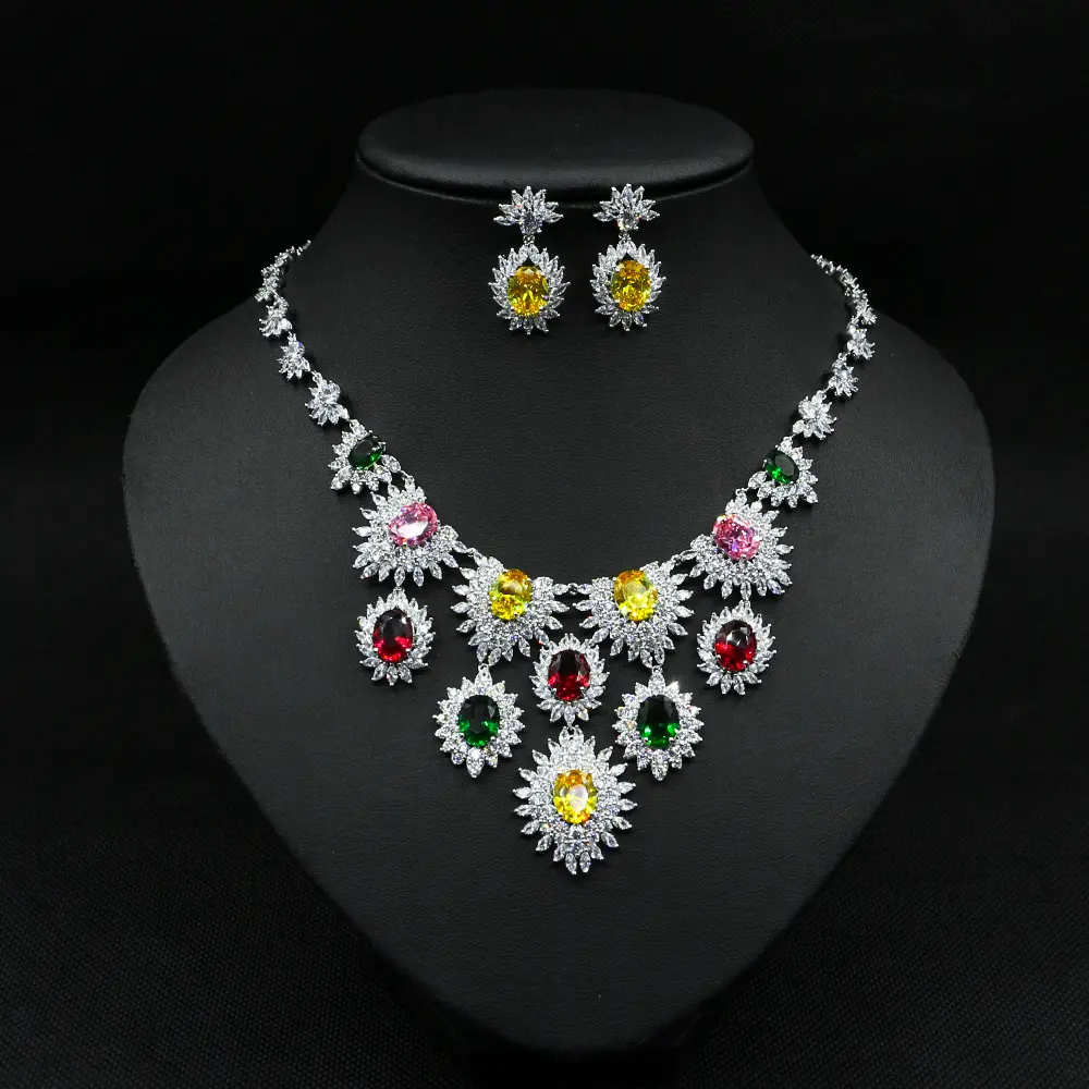 Jewelry Colorful Zircon Earrings Necklace Set Bridal Wedding Accessories