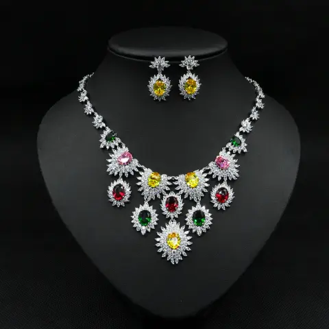 Jewelry Colorful Zircon Earrings Necklace Set Bridal Wedding Accessories