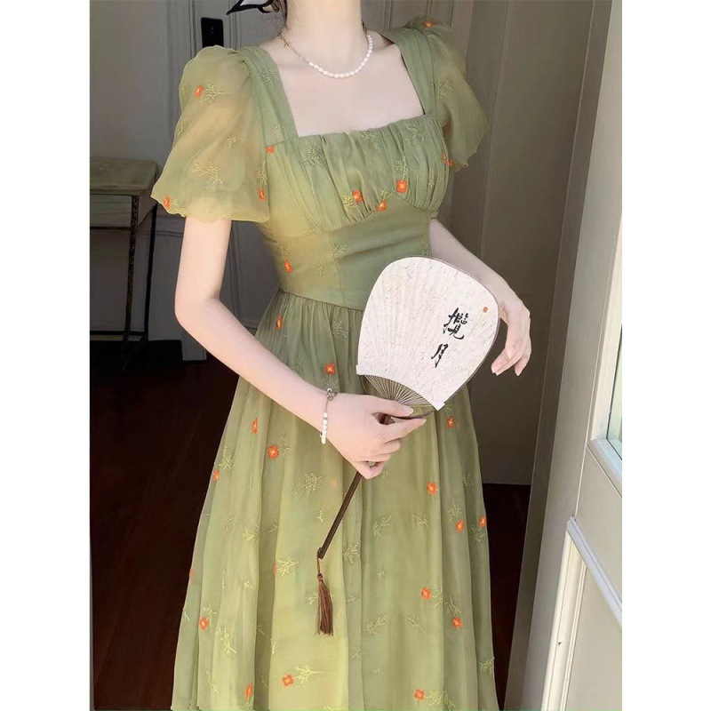 Waist Tightening And Slimming Green Floral Dress For Women