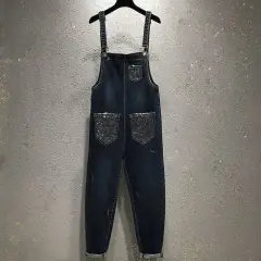 Women's High-waist Straight-leg Soft Denim Overalls - Dark Blue - View 1