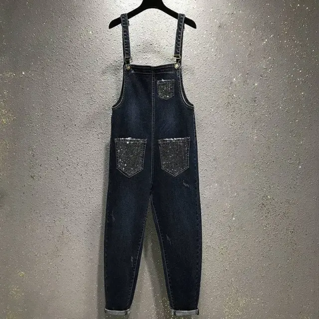 Women's High waist Straight leg Soft Denim Overalls Dark Blue - Shop at LoveMi