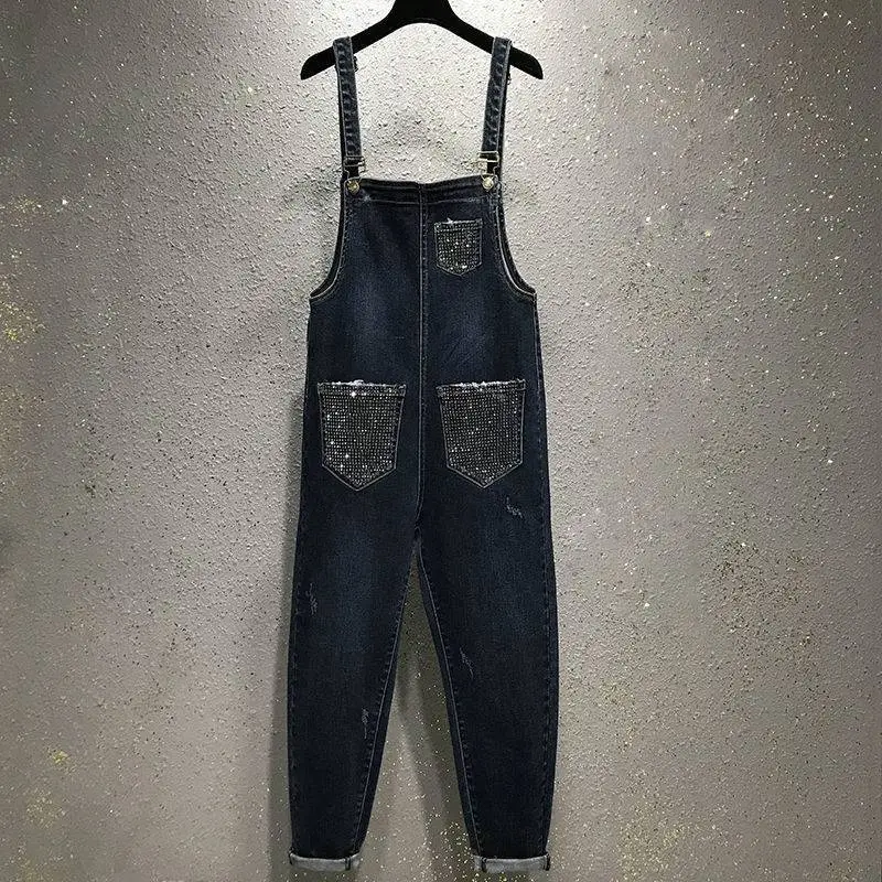 Women's High-waist Straight-leg Soft Denim Overalls - Dark Blue