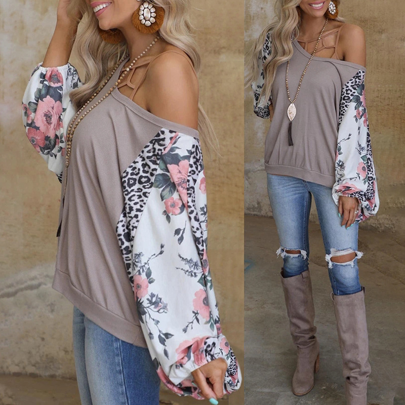 Printed Long-Sleeved Round Neck Stitching Casual Loose Top T-Shirt Women