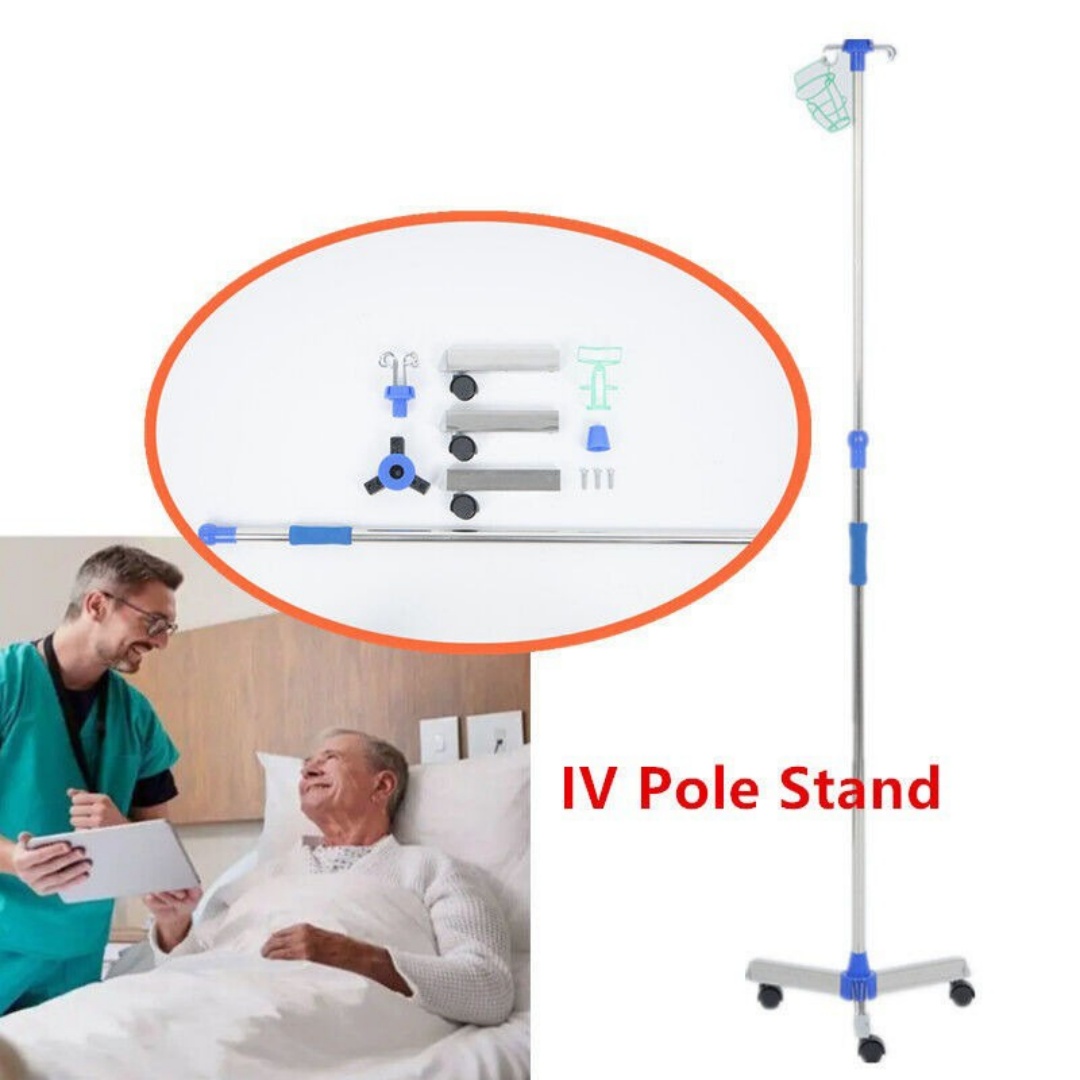 Portable IV Pole Drip Bag Stand Intravenous Silver Foldable Wheel — image 7