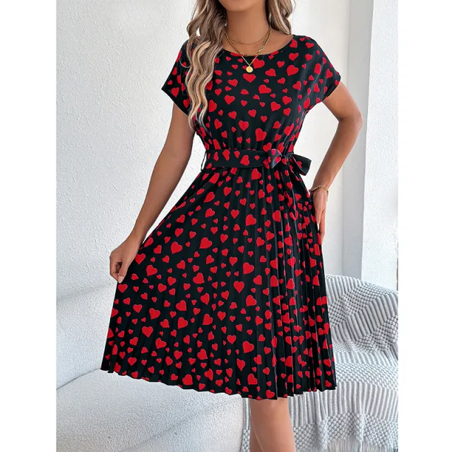Women's Heart Print Midi Dress Crew Neck Short Sleeve Belted Pleated Sundress Black - Shop at LoveMi