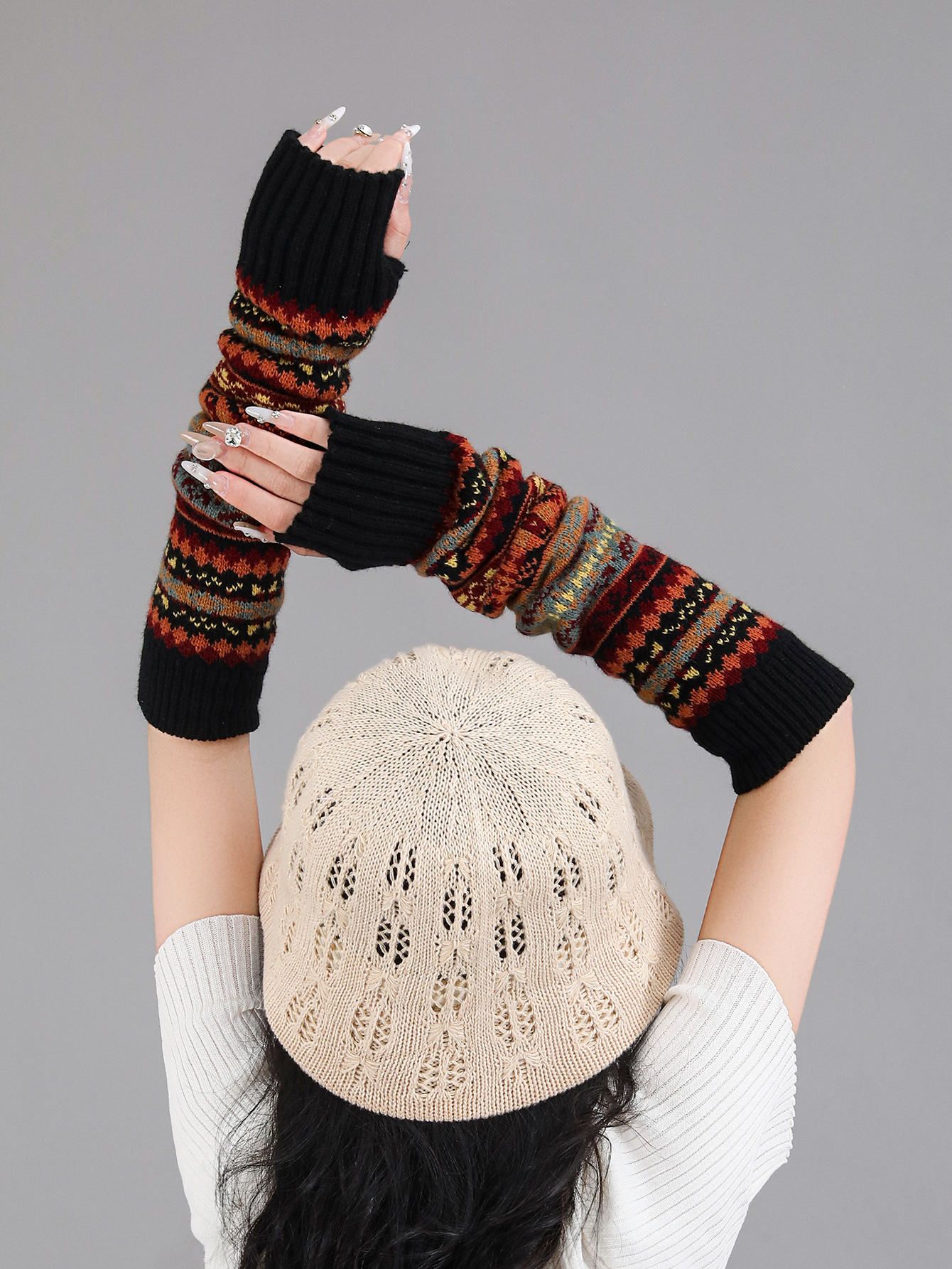Boho Short Knit Fingerless Thermal Gloves Arm Warmer For Girls Women — image 1