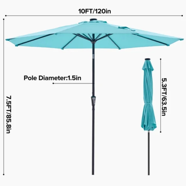 10 Ft Patio Umbrella For Table, Outdoor Sun Umbrella With 32 LED Solar Lights, Lake Blue — foto 2