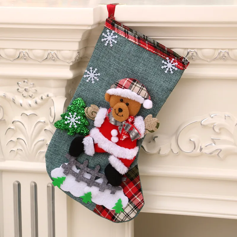 Medium Linen Socks Christmas Decorations Gift Bag - Bear A