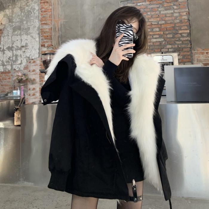 Korean Version Of Tooling Fox Like Large Fur Collar Cotton Padded Plush Thick Warm Long Sleeved Jacket