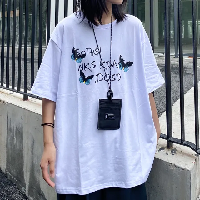 Lake Blue Butterfly Harbor Style Loose Short sleeved T shirt Women Trendy White - Shop at LoveMi