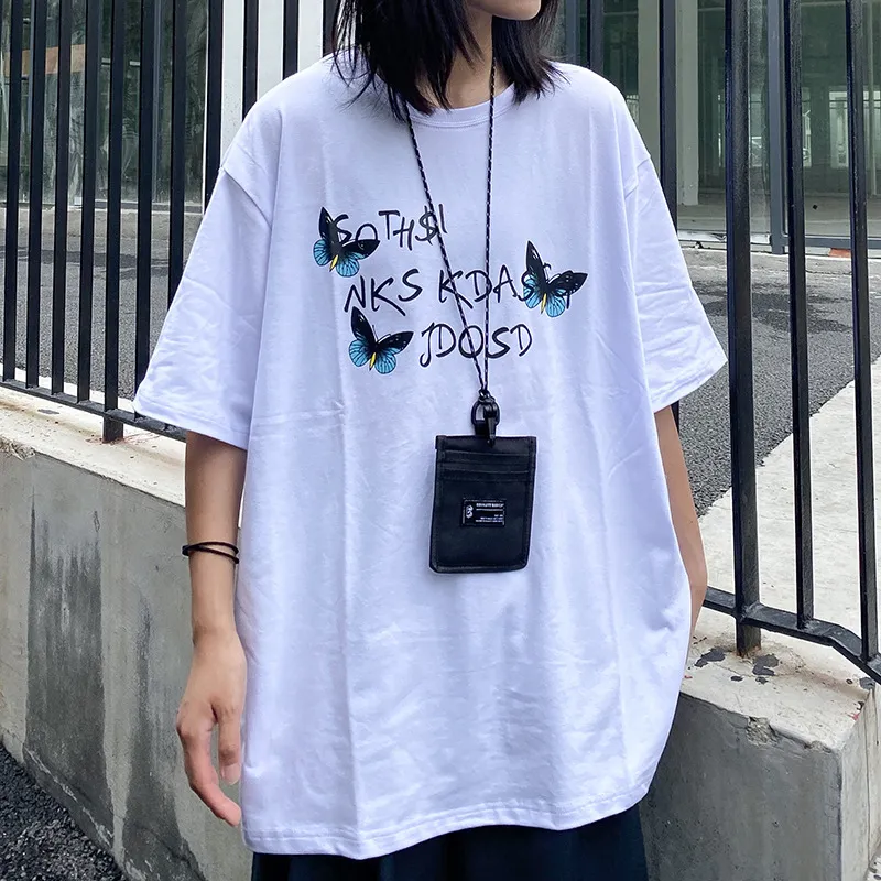 Lake Blue Butterfly Harbor Style Loose Short-sleeved T-shirt Women Trendy - White