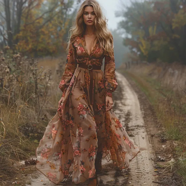Women's V Neck Floral Print Long Sleeve Dress With Cuffed Sleeves Flowy Maxi Summer Vacation Party Dress Brown - Shop at LoveMi