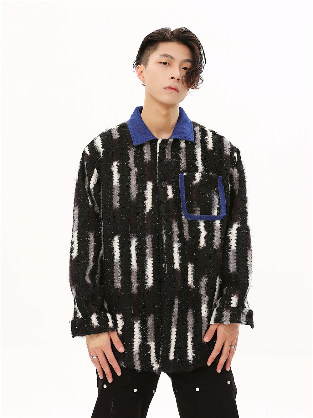 Loose Design Niche Patch Pocket Lapel Colorblock Jacket