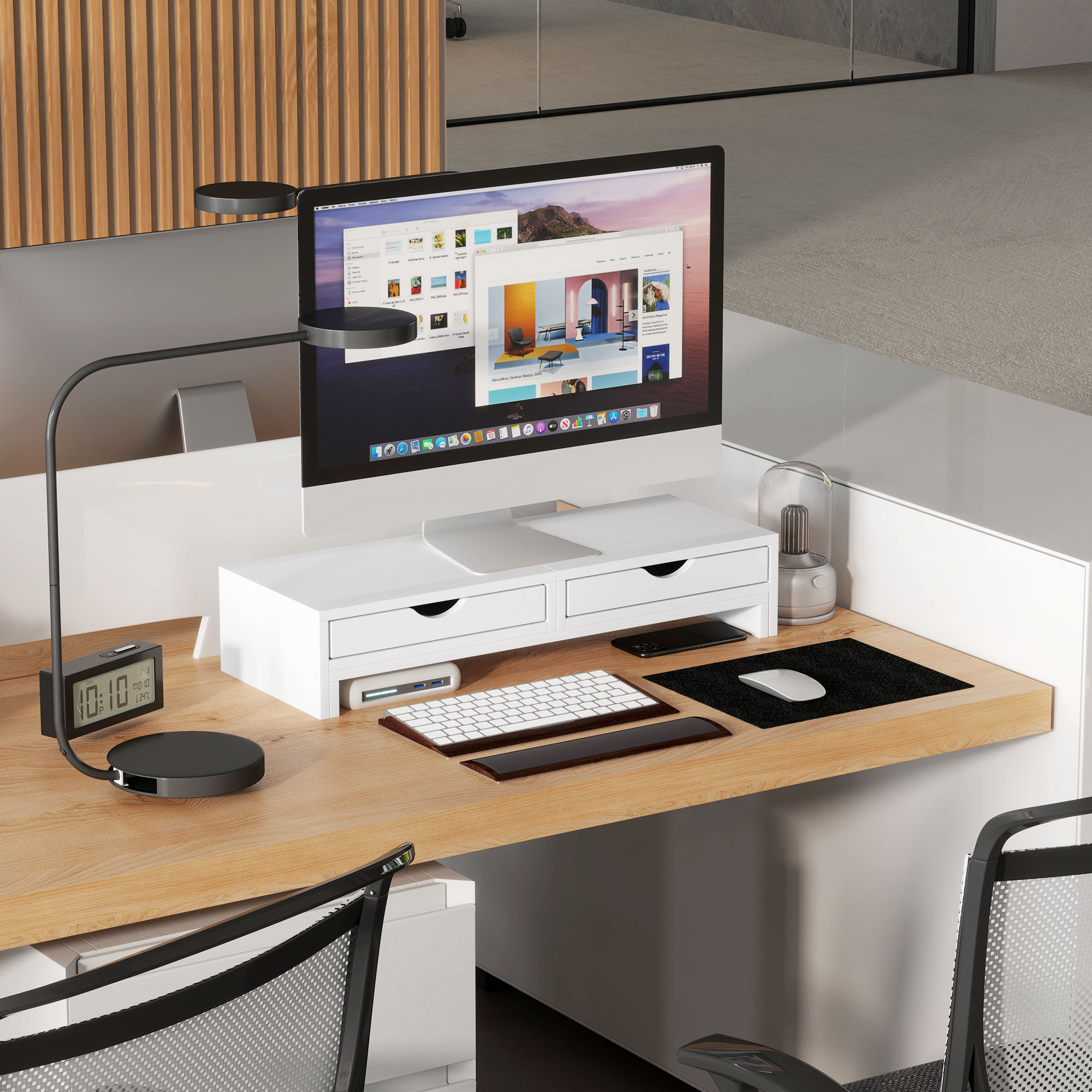 Dual Monitor Stand With 2 Drawers, Adjustable Length And Angle, 116cm Suitable — image 12
