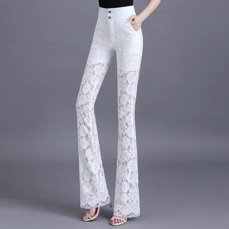 White Lace Flared Pants High Waist Drape