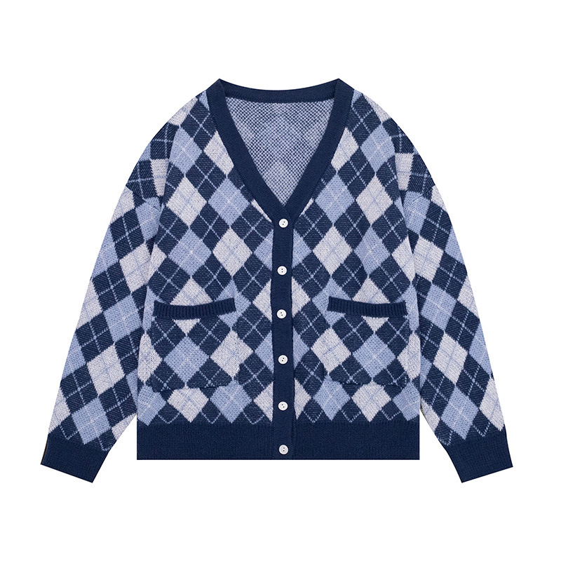 Women's Diamond Plaid Cardigan Sweater Blue - Shop at LoveMi