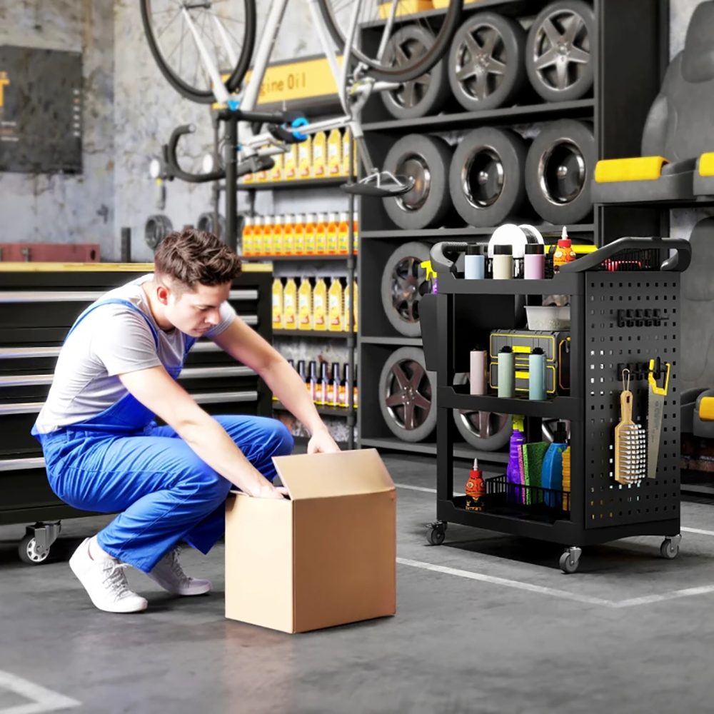 3-Tier Rolling Tool Cart, 200 LBS Capacity Plastic Utility Cart With Side Shelf And Storage Bucket, Tikt0k Sales Prohibited