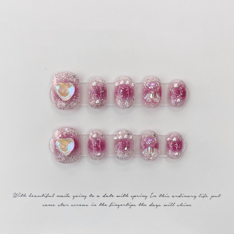 Hand Wearing Nail Raspberry Bubble Sugar Cheek Pink Nail Enhancement