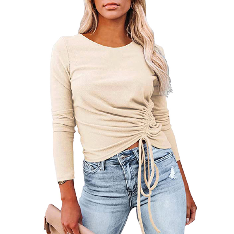 Title 5, Rib Solid Color Long Sleeve Round Neck Drawstri...