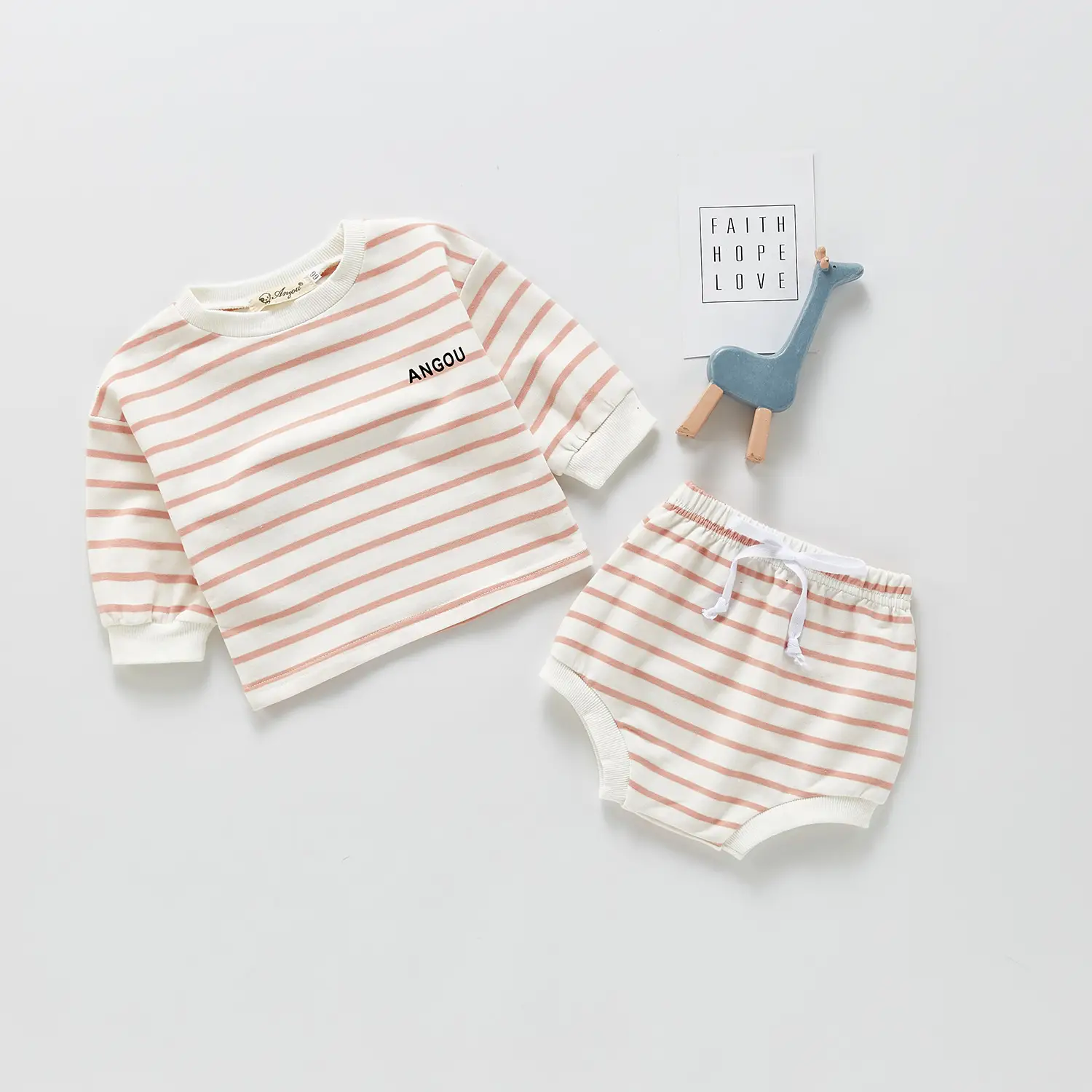 Treasure Long-sleeved Striped Top And Shorts Two-piece Set