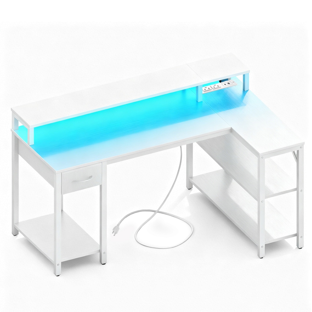 53-inch Gaming Table With USB Charging Port And LED Light, Reversible L-shaped Table With Power Socket And Monitor Stand image 2