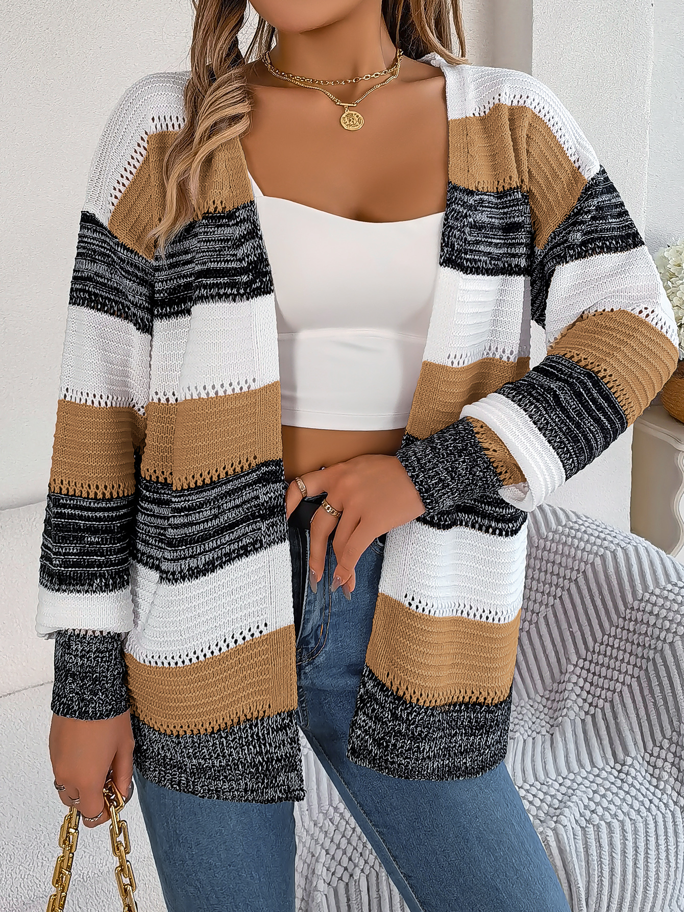 Women Casual Color Block Stripe Lantern Sleeve Cardigan Sweater Coat Koalakits36